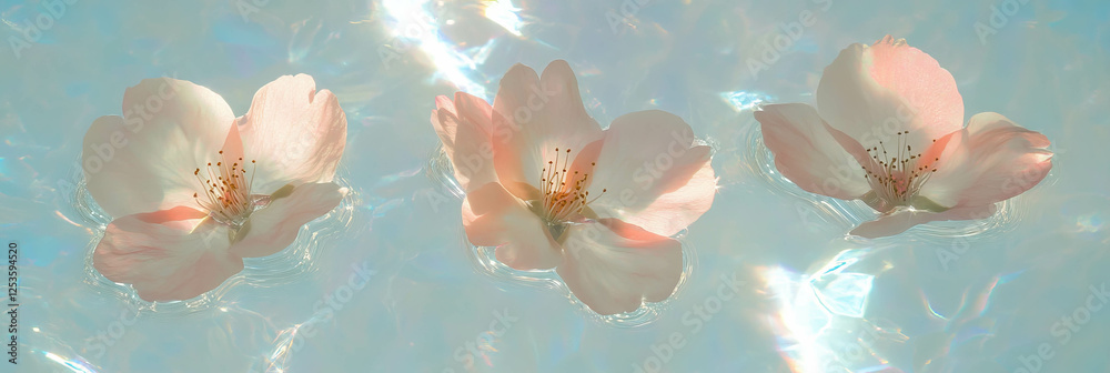 Poster three sakura petals gracefully arranged on a shimmering silver background for an elegant visual