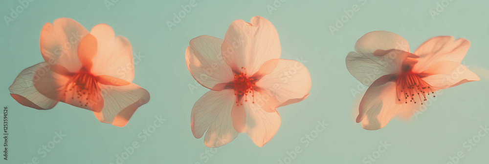 Poster three cherry blossom petals gracefully float on a soft silver background for a serene effect