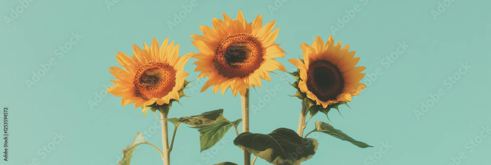 Aufkleber sunflower heads arranged in a curved line against a soft blue background for vibrant display