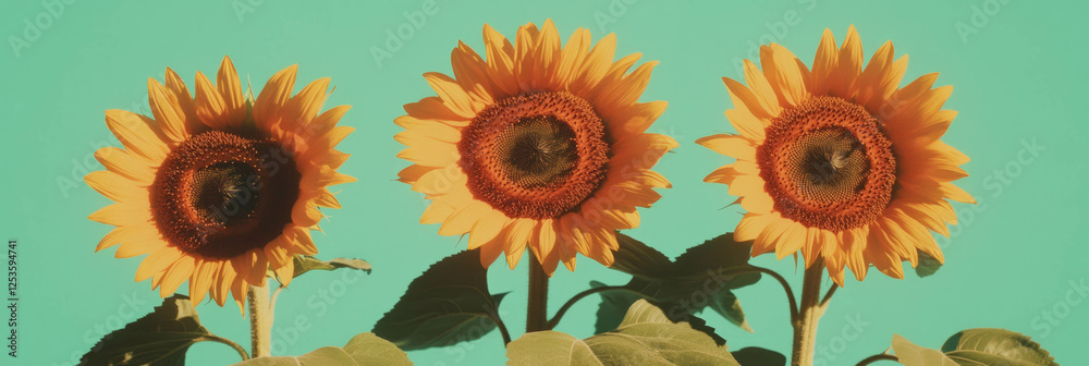 Poster sunflower heads arranged in a triangle on a bright green background showcasing unique angles