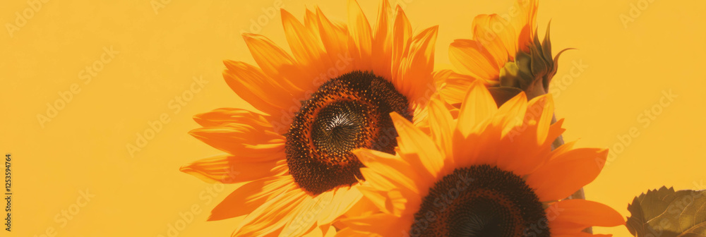 Poster bright sunflower heads arranged in a triangular formation on a golden background