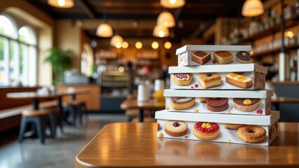 Stack of Boxes Mockup, Cafe interior bright detailed pastry imagery on stacked boxes