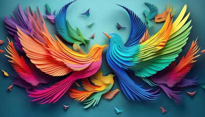 artistic rendering of rainbow colored birds flying in formation symbolizing freedom and liberation blending with a paper cut art style