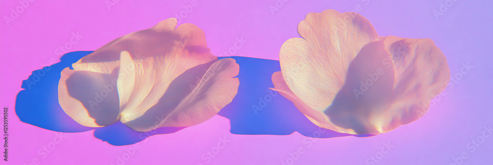 Poster Overlapping sakura petals on a vibrant violet background with soft shadows