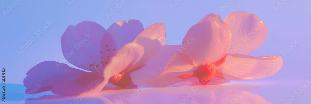 Poster Two delicately overlapping sakura petals on a vibrant violet background with soft shadows