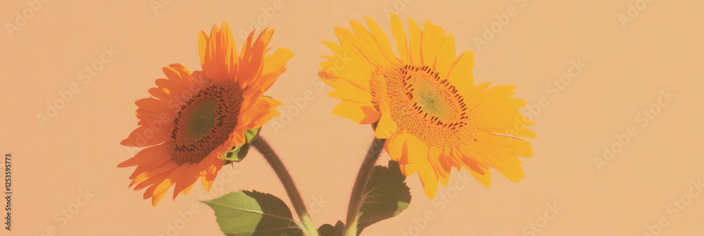 Poster sunflowers embracing each other on a soft beige background for a delicate view