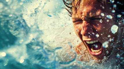 Exhilarated surfer expressing joy amid ocean waves