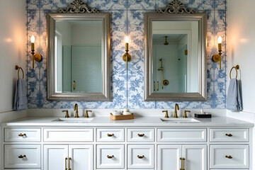 A sophisticated bathroom with a dual vanity setup, modern silver frames, and a vintage-style gold faucet, complemented by elegant floral tile patterns and brass sconces.