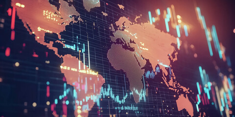 Colorful Global Data Visualization with World Map, Financial Charts and Graphs, Digital Technology Representation for Business and Finance Concepts