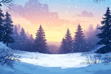 Naklejka premium Snowy Evergreen Trees at Sunset