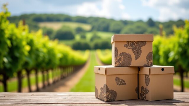 Stack of Boxes Mockup, Vineyard scene clear elegant wine boxes with grape patterns
