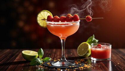 Elegant strawberry margarita with smoky vapor, luxurious cocktail
