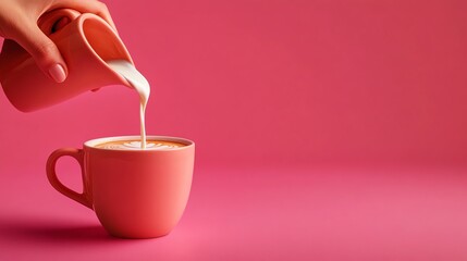 Pouring milk into a pink coffee cup.