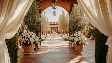 Obraz premium Elegant Wedding Venue Entrance with White Flowers