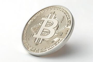 Close-Up of Detailed Bitcoin Coins in Shimmering  Platinum Finishes on a White Background, Ideal for Representing Cryptocurrency Themes, Digital Investment, and Modern Finance Concepts 