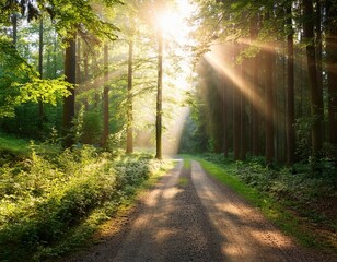 Obraz premium country road in forest with sunbeams shining through trees summer morning in woodland