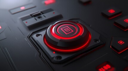 Naklejka premium Vivid red button on a sleek black keyboard, closeup study of contrast and tactile detail in modern input devices