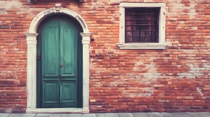 Vintage Green Door on Old Brick Wall Background