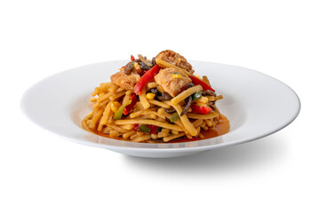 Bami Goreng Indonesian dish Noodle with chicken, mushrooms and vegetables in white plate isolated