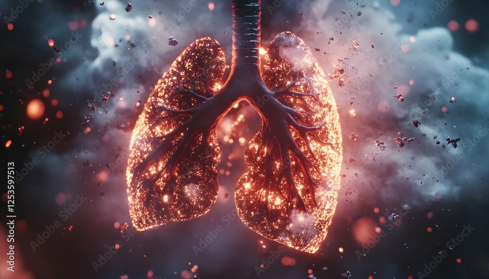 Poster surreal glowing lungs with particles in ethereal smoke background particulate matter concept