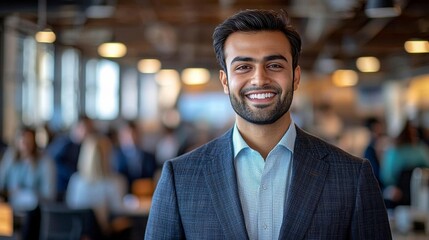 smiling asian indian businessman in suit standing in modern office with blurred background of employees , isolated on white background,  , copy space, copy space for text,