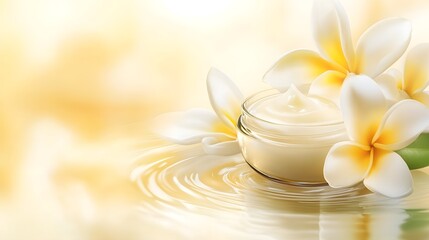 Peaceful spa scene featuring a jar of luxurious skincare cream surrounded by delicate lotus flowers and their serene water reflections showcasing a tranquil and rejuvenating beauty ritual