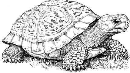 Detailed illustration of a tortoise resting on grass, showcasing its textured shell and natural habitat
