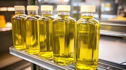 Golden Olive Oil Bottles on Shelf, Culinary Product Photography