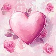 large pink heart surrounded by soft pink roses on pastel background evokes feelings of love and romance. This artistic design is perfect for expressing affection