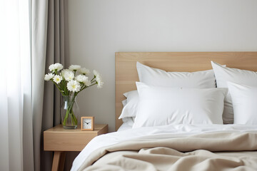 A modern, minimalist bedroom with a neatly made bed, white pillows, and a wooden nightstand, softly lit by natural light and neutral walls.