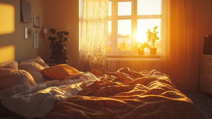 Warm sunlight pours into a cozy bedroom, creating a serene morning ambiance with soft textures and vibrant plants in sight
