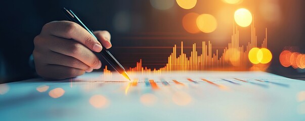 Tax-loss harvesting concept. A hand holding a pen over a paper with a digital graph displayed.