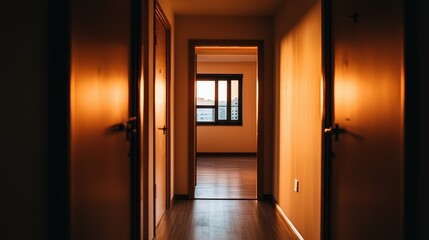 Warm Sunlight Illuminates a Narrow Hallway with Open Doorway View