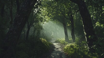 Sunlight streams through a dense forest onto a dirt path shrouded in mist and green trees