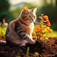 Firefly A cat sits on the ground to plant a tree with beautiful colored flowers