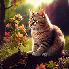 Firefly A cat sits on the ground to plant a tree with beautiful colored flowers