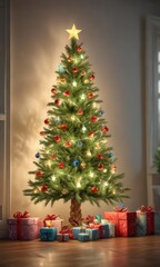Watercolor Christmas tree with presents and string lights, twinkling, artwork
