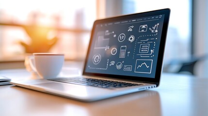 Cozy workplace, laptop, coffee and productivity on a wooden table 