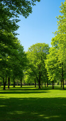 Fototapeta premium Lush Green Park: A Serene Escape - Trees, Grass, and Blue Sky