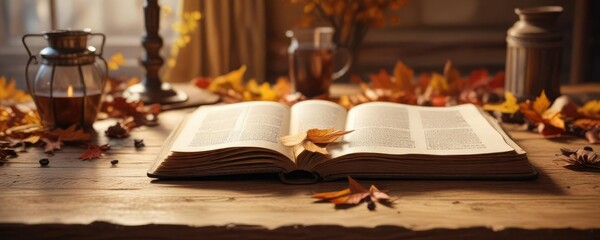 Warm autumnal background with a wooden table and an open book on it, cozy atmosphere , warm lighting, falling leaves