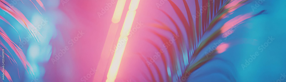 Poster bright neon light filters through palm leaves creating a vibrant background setting