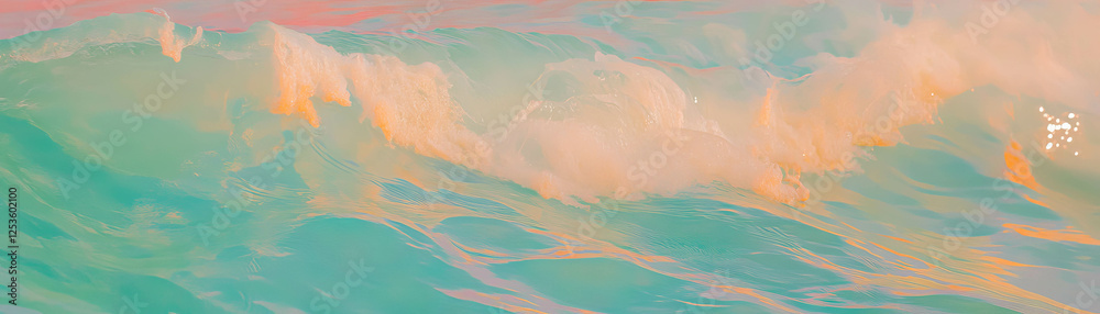 Poster waves gently crashing on the shore with bright reflections and soft foam in clear water