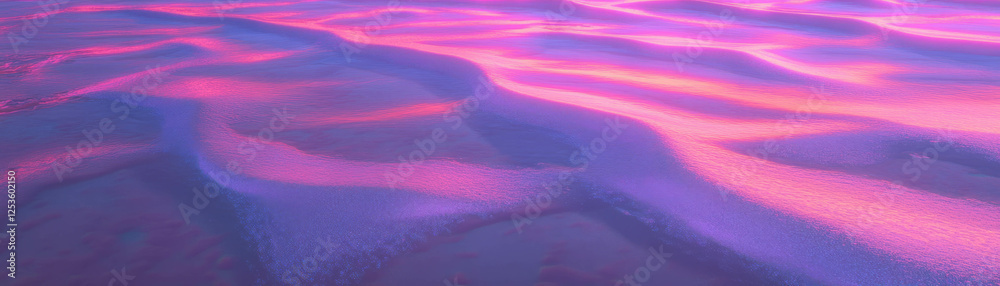 Poster waves receding from shore create unique wet sand patterns with neon purple lines