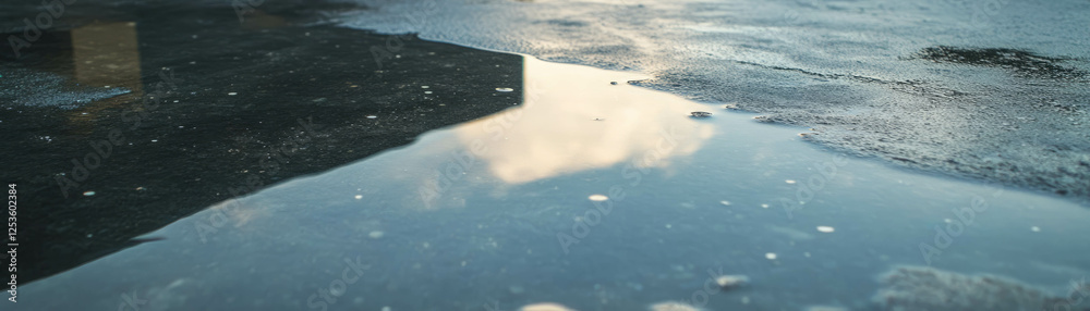 Poster wet cement with a glossy surface reflecting a bright background