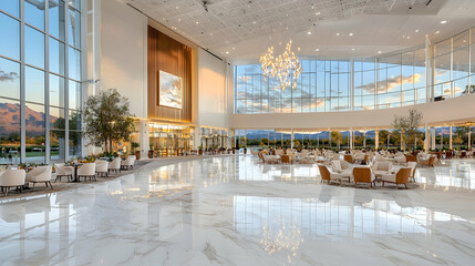 Luxurious lobby with mountain views, seating areas, and large windows, ideal for corporate brochures
