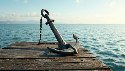 Vintage metal anchor on a weathered wooden pier, harbor, vintage metal anchor