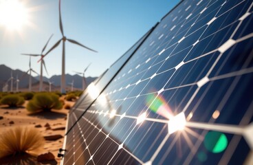 A stunning landscape featuring a large solar farm with rows of reflective blue solar panels harnessing sunlight, complemented by towering white wind turbines generating clean energy