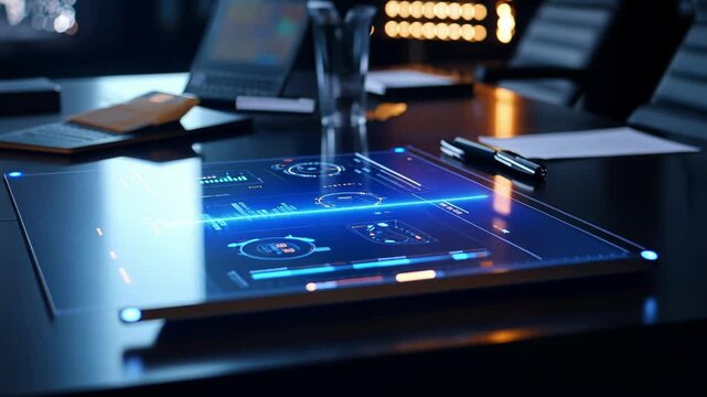 Futuristic transparent display showing various charts, graphs, and data visualizations, placed on a desk in a dark office environment, suggesting advanced technology and data analysis