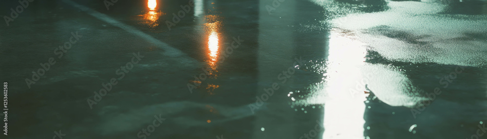 Poster wet cement with a glossy surface reflecting light in a bright environment