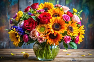 Vibrant mixed bouquet of colorful flowers including roses carnations sunflowers and daisies in a large decorative vase with birthday candles on the table, celebration, candles, colored